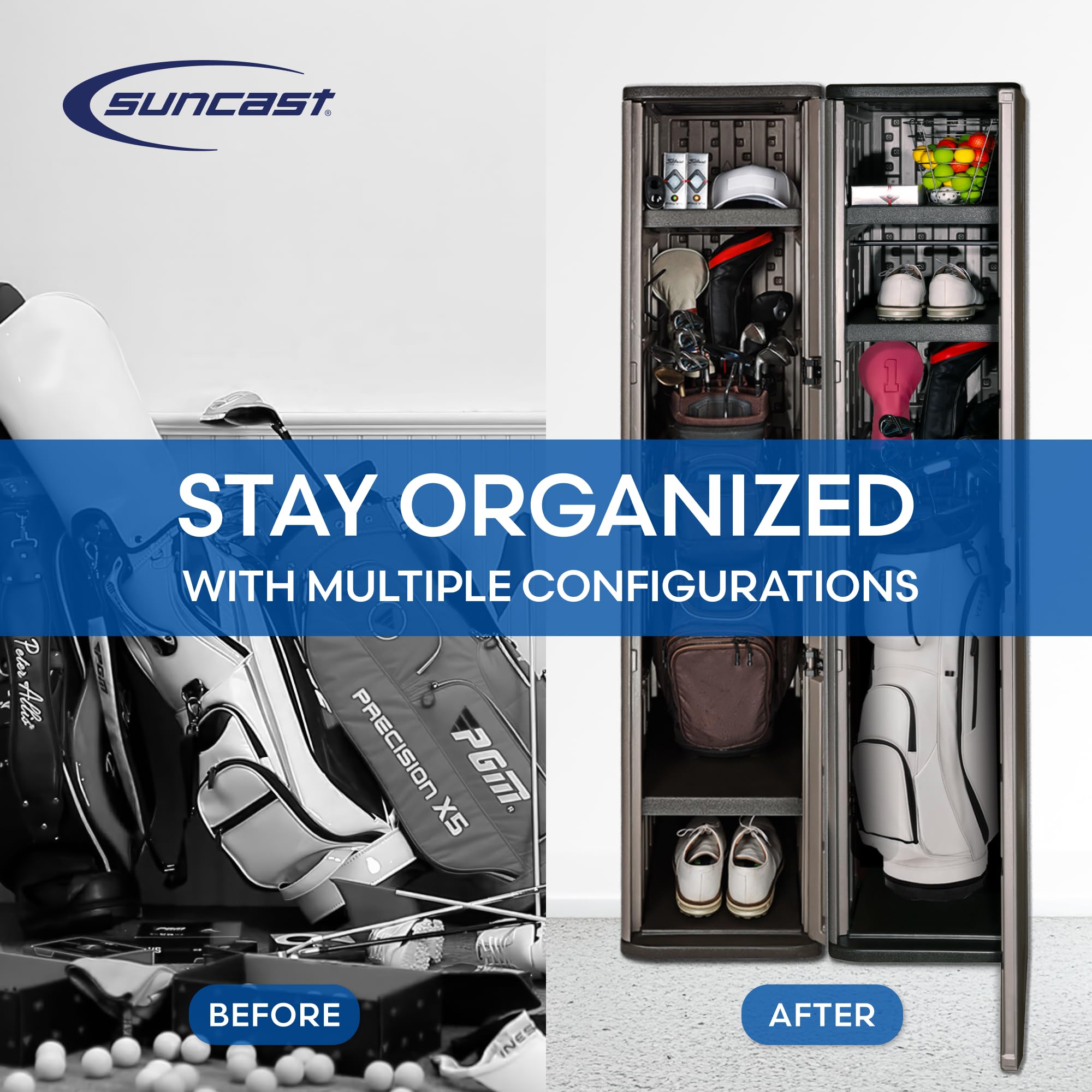 Suncast Garage and Golf Storage Organizer – Golf Rack and Bag Storage, Hall Tree with Shoe Cubby, Heavy-Duty Resin Locker Cabinet with Adjustable Shelves, Lockable, for Golf Equipment, Made in the USA - Image 5