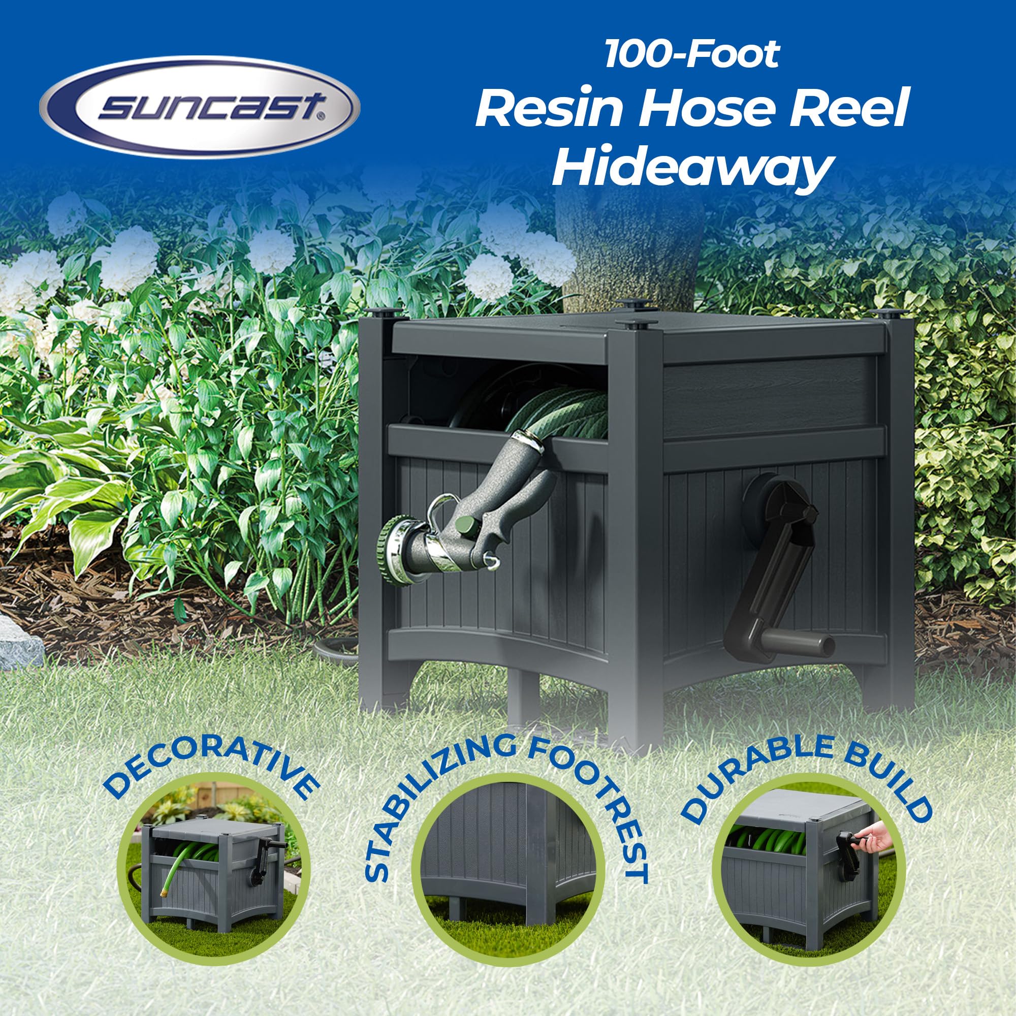 Suncast Garden Hose Hideaway Storage Reel Box, Cyberspace Grey – Resin Outdoor Container, Holds up to 100 Feet of 5/8 Inch Standard Vinyl Water Line – No Assembly Required - Image 3