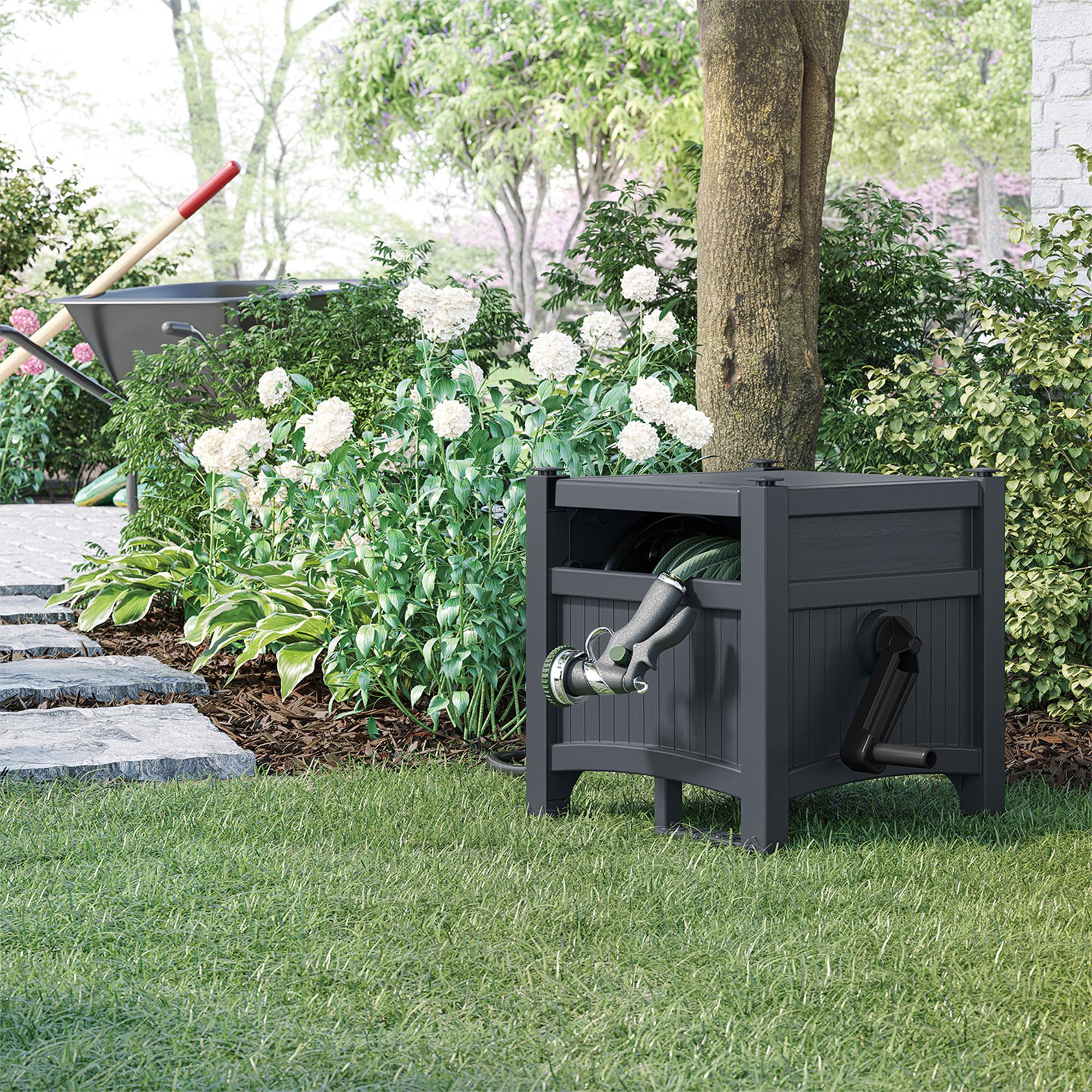 Suncast Garden Hose Hideaway Storage Reel Box, Cyberspace Grey – Resin Outdoor Container, Holds up to 100 Feet of 5/8 Inch Standard Vinyl Water Line – No Assembly Required - Image 6