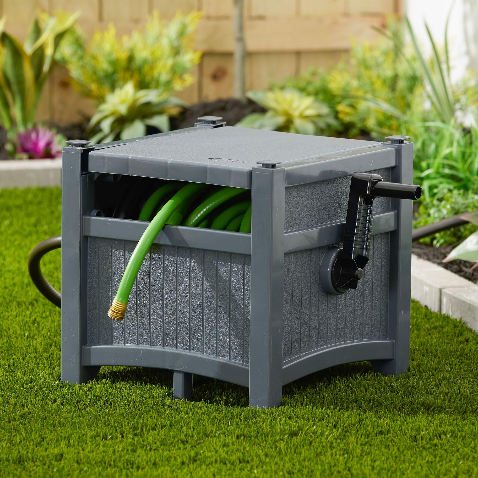 Suncast Garden Hose Hideaway Storage Reel Box, Cyberspace Grey – Resin Outdoor Container, Holds up to 100 Feet of 5/8 Inch Standard Vinyl Water Line – No Assembly Required - Image 7