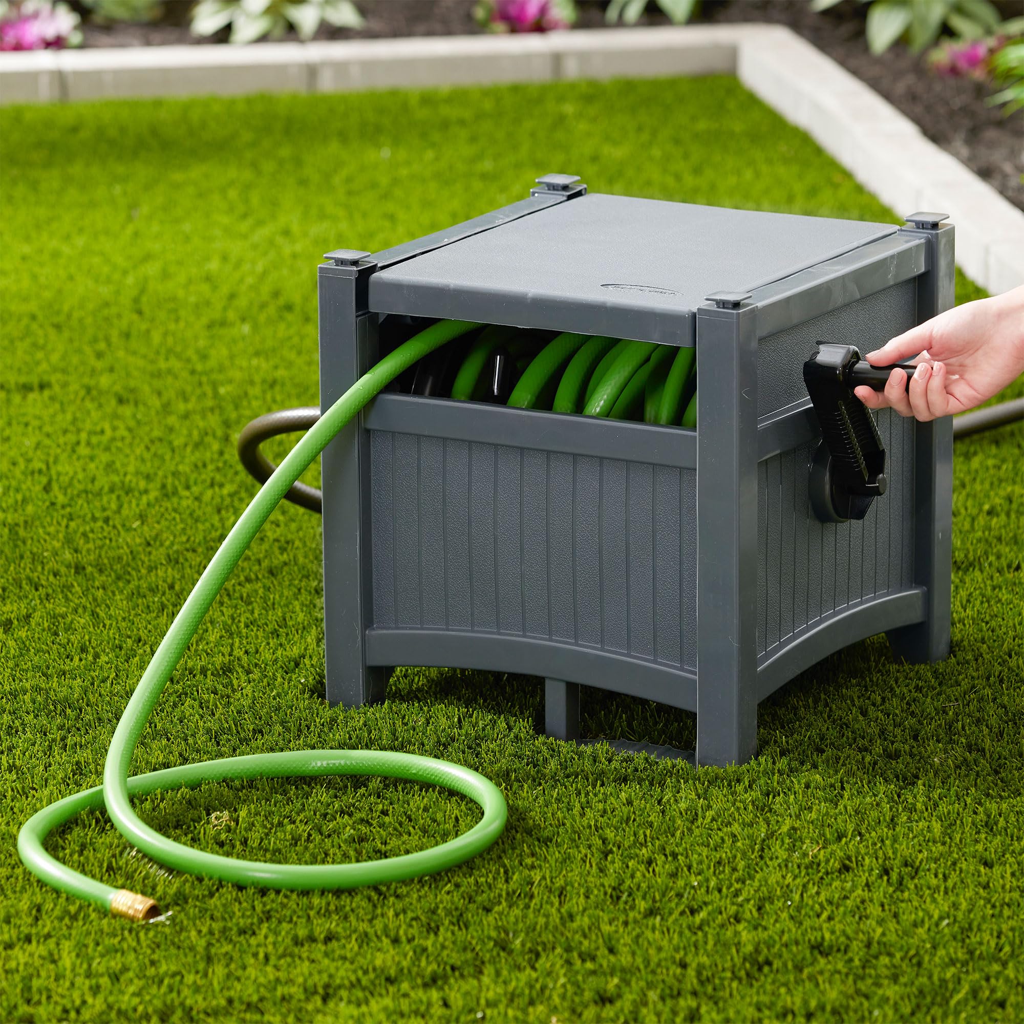 Suncast Garden Hose Hideaway Storage Reel Box, Cyberspace Grey – Resin Outdoor Container, Holds up to 100 Feet of 5/8 Inch Standard Vinyl Water Line – No Assembly Required - Image 8