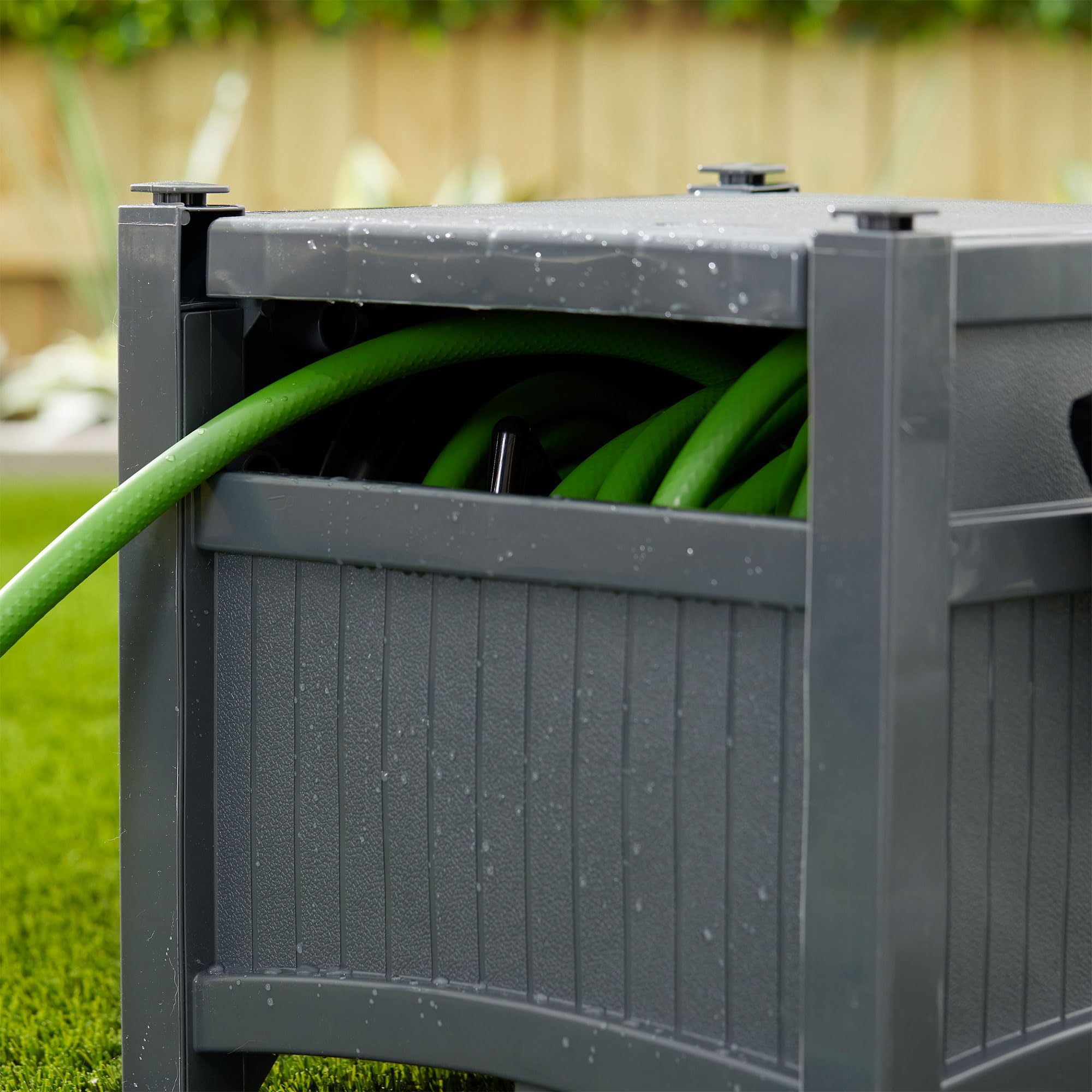 Suncast Garden Hose Hideaway Storage Reel Box, Cyberspace Grey – Resin Outdoor Container, Holds up to 100 Feet of 5/8 Inch Standard Vinyl Water Line – No Assembly Required - Image 9