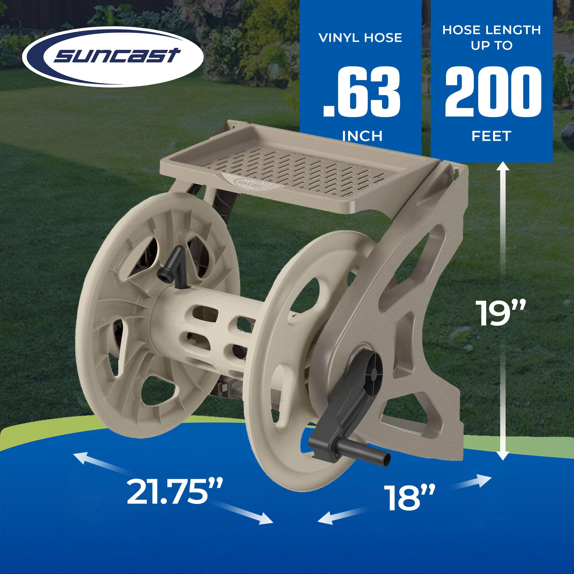 Suncast Handler Durable Hard Plastic Wall Mounted Outdoor Retractable Garden Hose Reel with Storage Tray and 200 Feet Hose Capacity, Taupe - Image 3