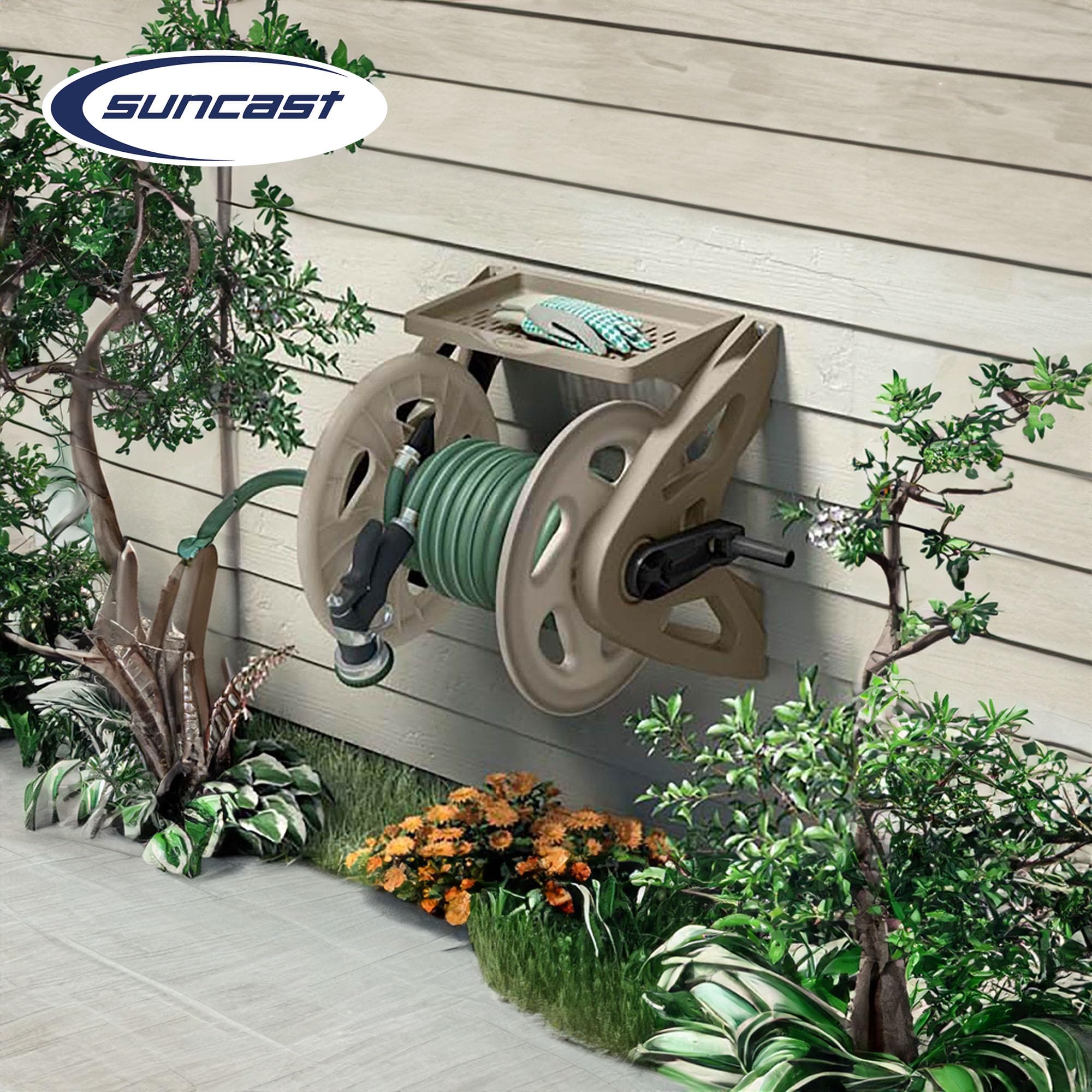 Suncast Handler Durable Hard Plastic Wall Mounted Outdoor Retractable Garden Hose Reel with Storage Tray and 200 Feet Hose Capacity, Taupe - Image 4