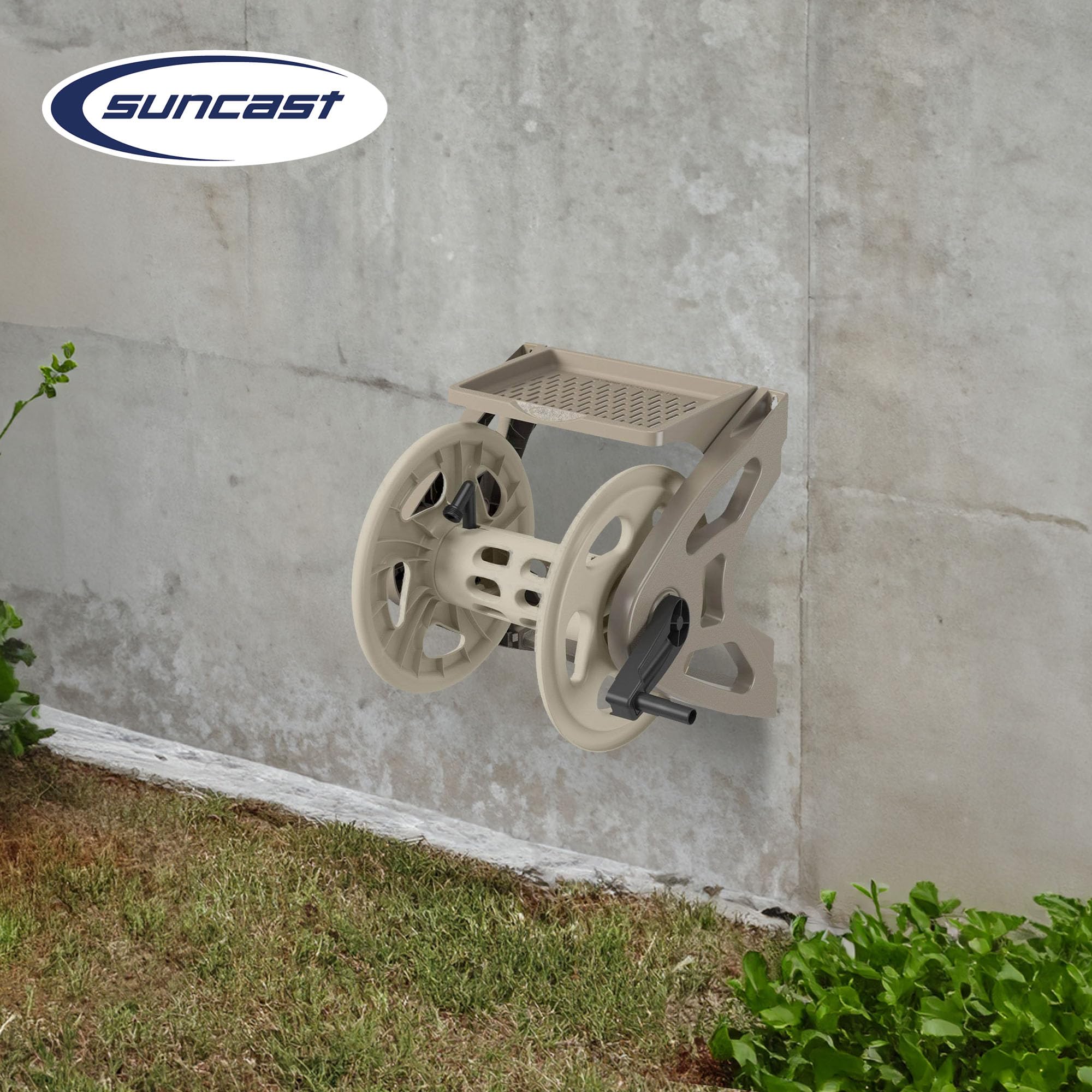 Suncast Handler Durable Hard Plastic Wall Mounted Outdoor Retractable Garden Hose Reel with Storage Tray and 200 Feet Hose Capacity, Taupe - Image 5