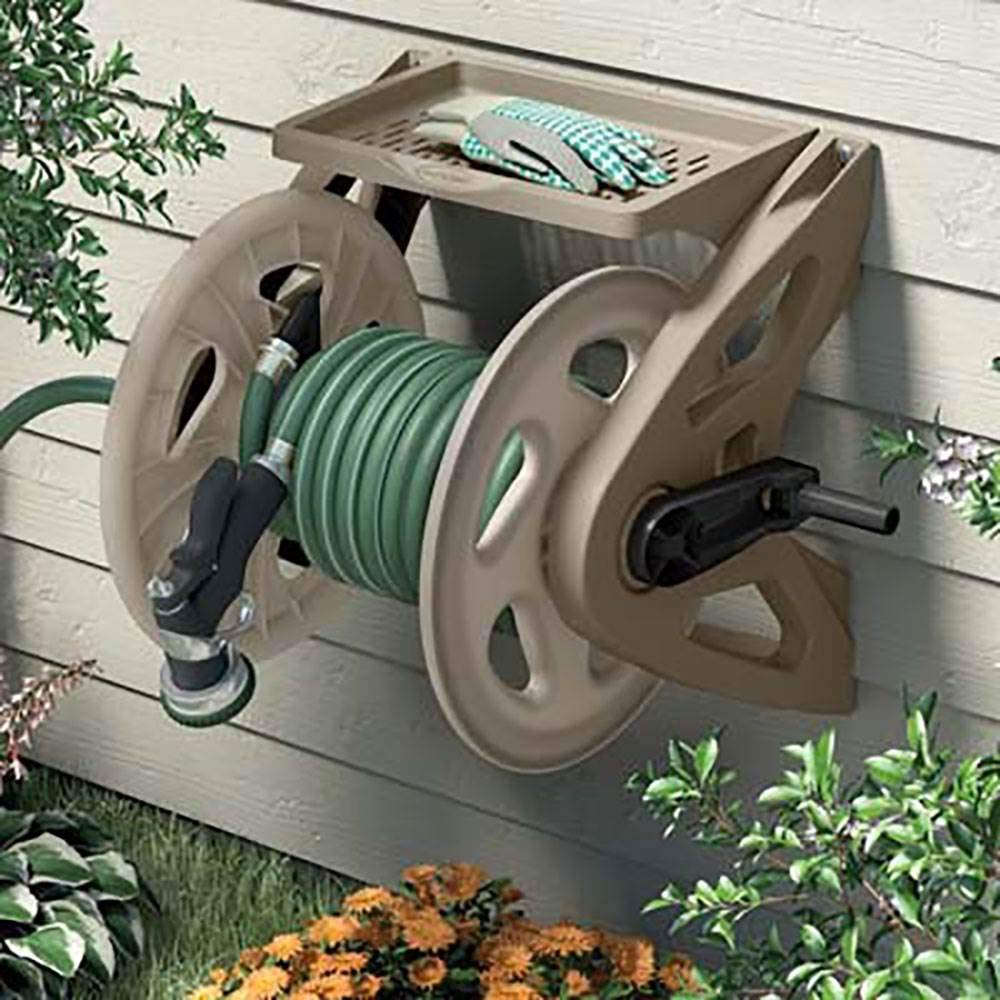 Suncast Handler Durable Hard Plastic Wall Mounted Outdoor Retractable Garden Hose Reel with Storage Tray and 200 Feet Hose Capacity, Taupe - Image 6