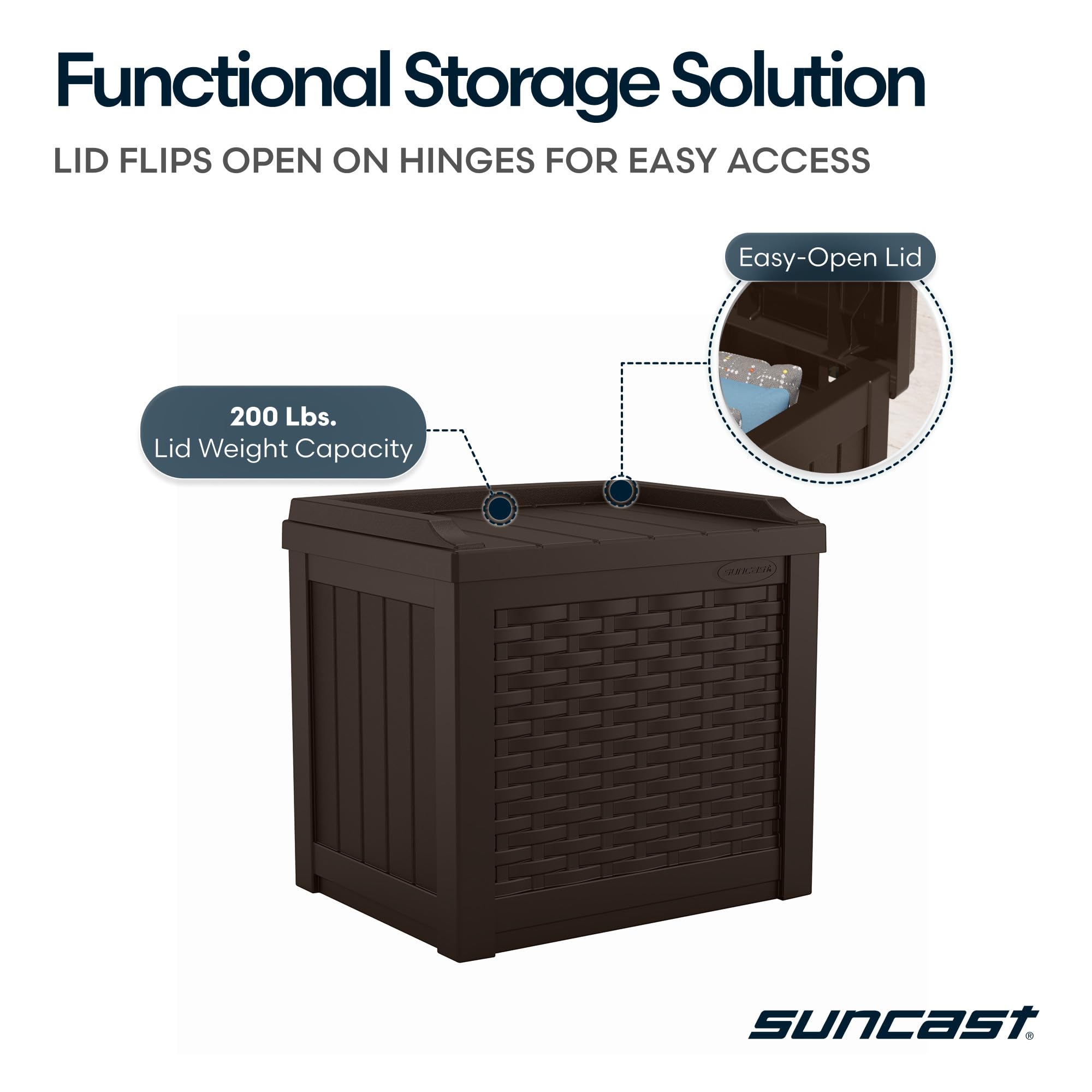 Suncast Outdoor Deck Box - 22 Gallon Java Resin Outdoor Storage Box, Weatherproof Patio Storage Bin Container for Seating & Organizing Cushions, Tools & Towels for Pool, Yard, & Garden - Image 6