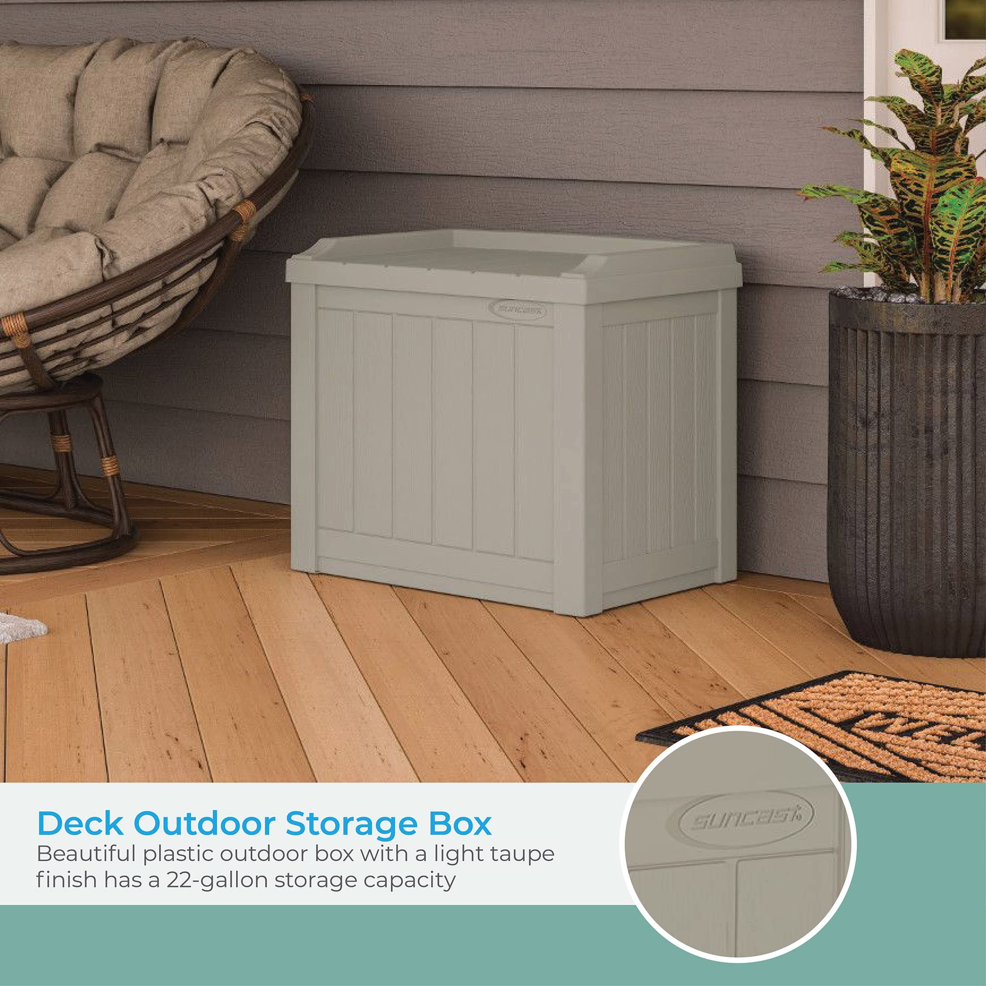 Suncast Outdoor Storage Box - 22 Gallon Light Taupe Resin Outdoor Deck Box with Seat, Weatherproof Patio Storage Bin Container for Keeping Cushions, Tools & Towels for Pool, Yard, & Garden - Image 3