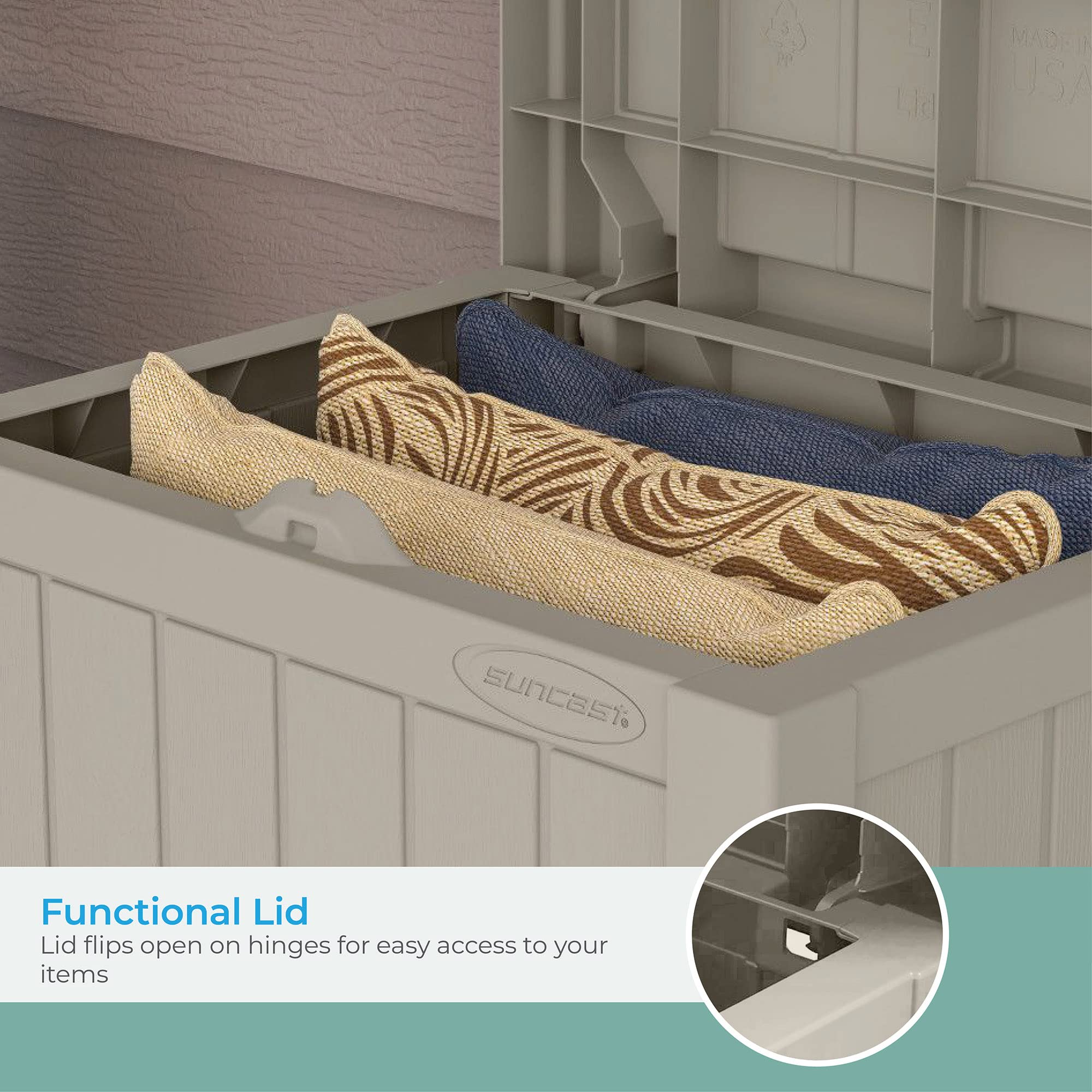 Suncast Outdoor Storage Box - 22 Gallon Light Taupe Resin Outdoor Deck Box with Seat, Weatherproof Patio Storage Bin Container for Keeping Cushions, Tools & Towels for Pool, Yard, & Garden - Image 6