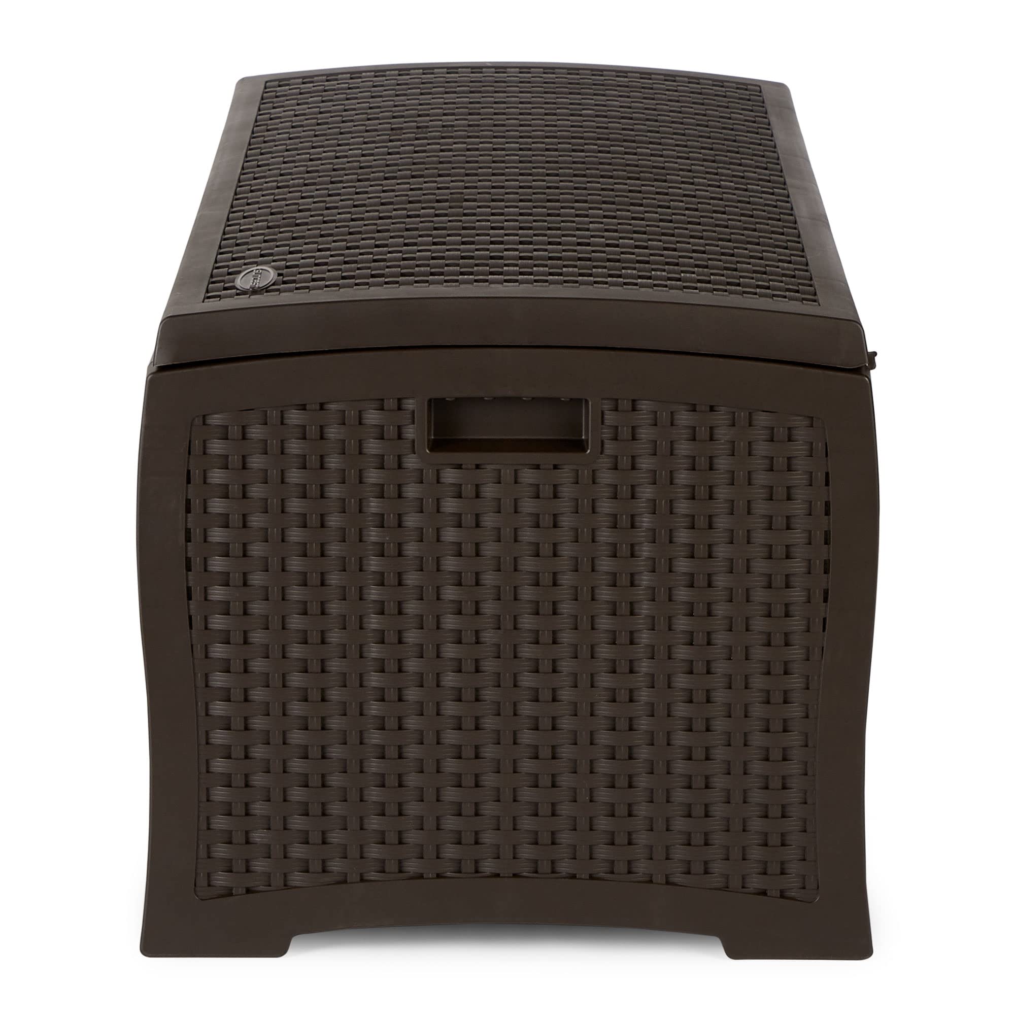 Suncast Outdoor Storage Box - 73 Gallon Mocha Brown Deck Box for Patio, Waterproof Outdoor Storage Bench, Resin Wicker Style, Heavy-Duty, Lockable Lid for Cushions, Shoes, Pool & Garden Gear - Image 7
