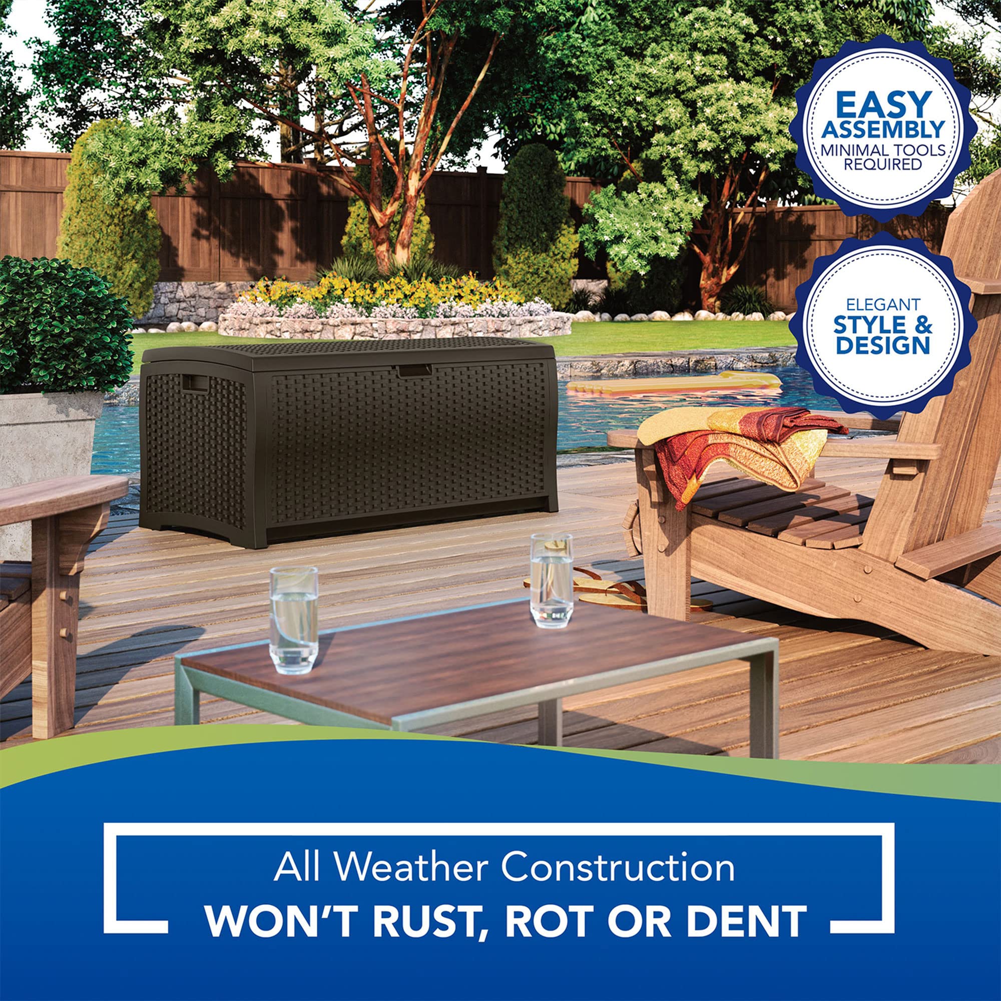Suncast Outdoor Storage Box - 73 Gallon Mocha Brown Deck Box for Patio, Waterproof Outdoor Storage Bench, Resin Wicker Style, Heavy-Duty, Lockable Lid for Cushions, Shoes, Pool & Garden Gear - Image 8
