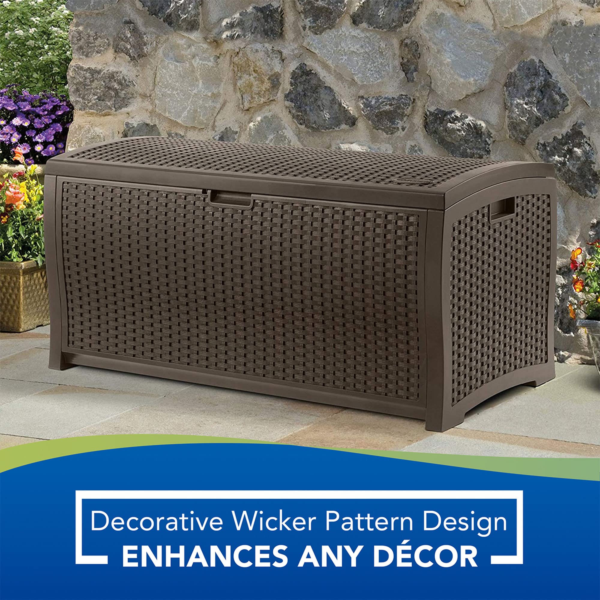 Suncast Outdoor Storage Box - 73 Gallon Mocha Brown Deck Box for Patio, Waterproof Outdoor Storage Bench, Resin Wicker Style, Heavy-Duty, Lockable Lid for Cushions, Shoes, Pool & Garden Gear - Image 9