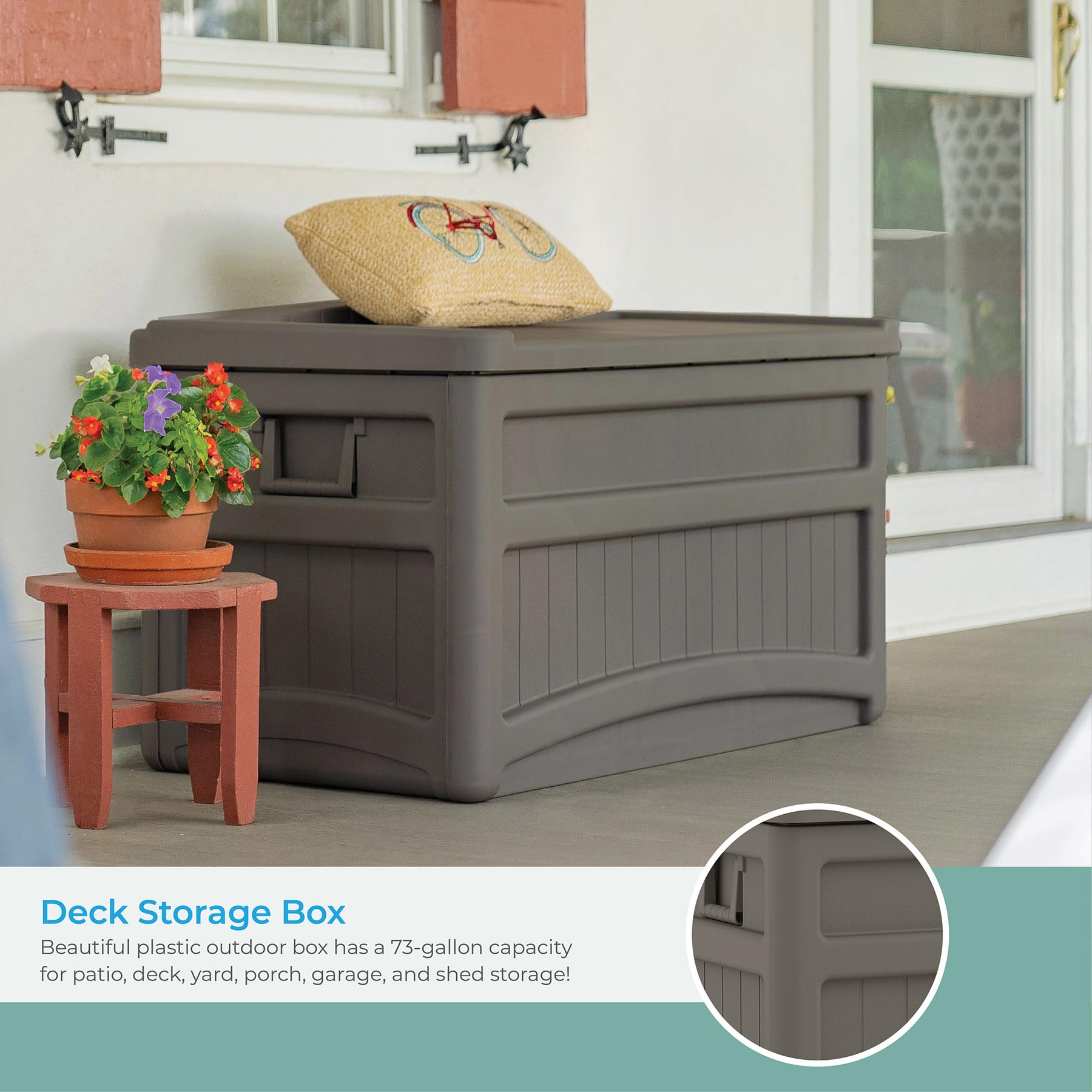 Suncast Outdoor Storage Box - 73 Gallon Stoney Resin Deck Box with Wheels, Handles, and Seat, Heavy-Duty Indoor/Outdoor Storage Bench for Patio Cushions, Shoes, Pool & Garden Gear - Image 3