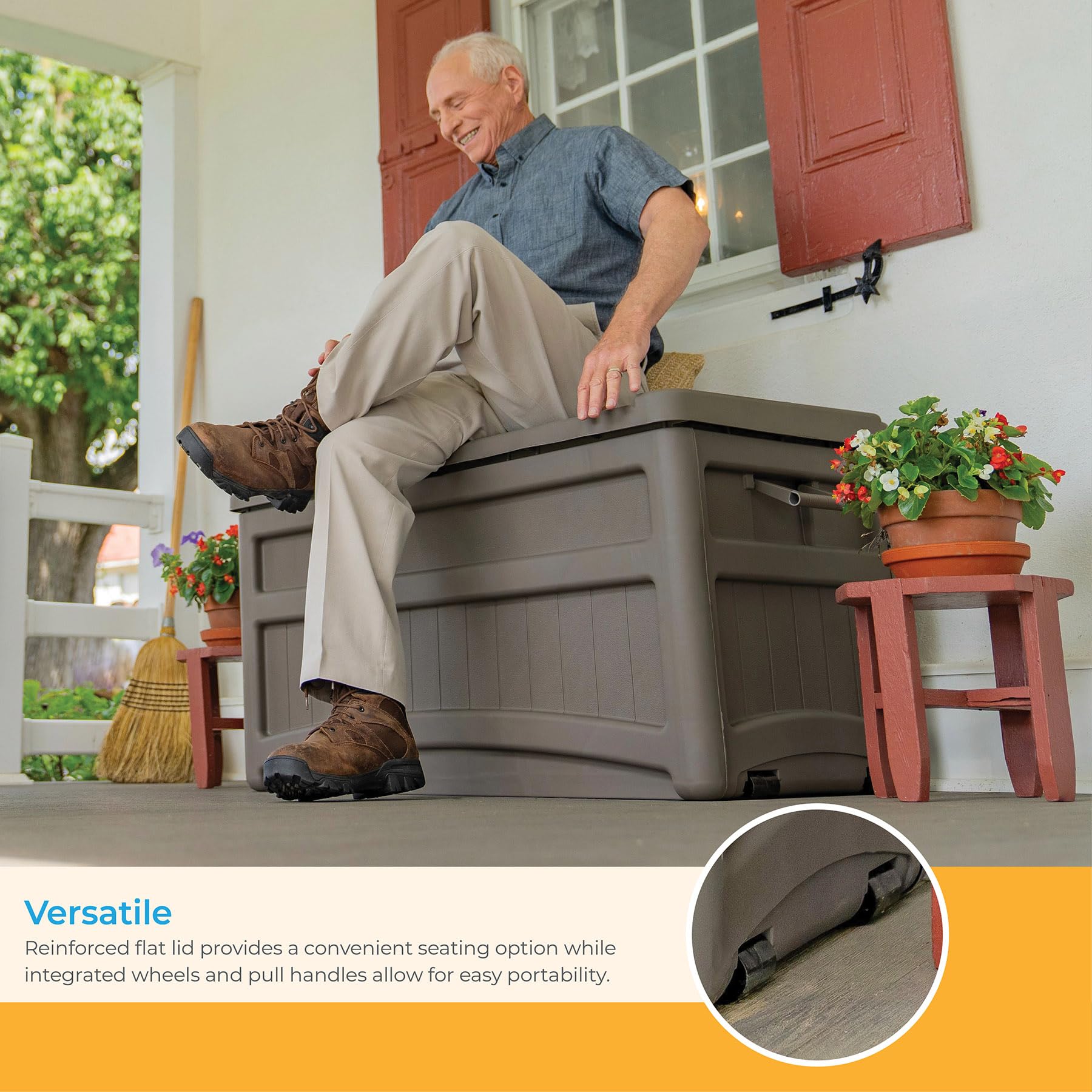 Suncast Outdoor Storage Box - 73 Gallon Stoney Resin Deck Box with Wheels, Handles, and Seat, Heavy-Duty Indoor/Outdoor Storage Bench for Patio Cushions, Shoes, Pool & Garden Gear - Image 5
