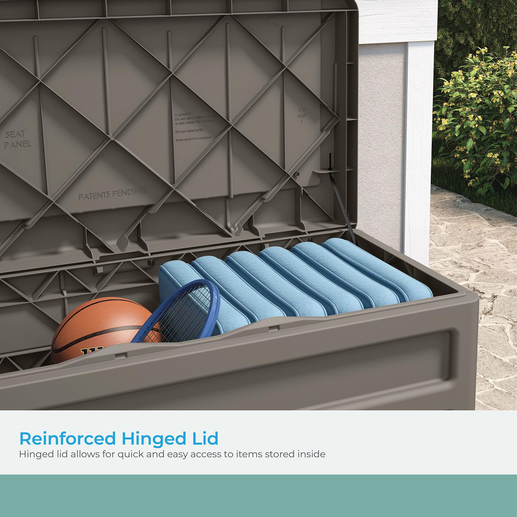 Suncast Outdoor Storage Box - 73 Gallon Stoney Resin Deck Box with Wheels, Handles, and Seat, Heavy-Duty Indoor/Outdoor Storage Bench for Patio Cushions, Shoes, Pool & Garden Gear - Image 6