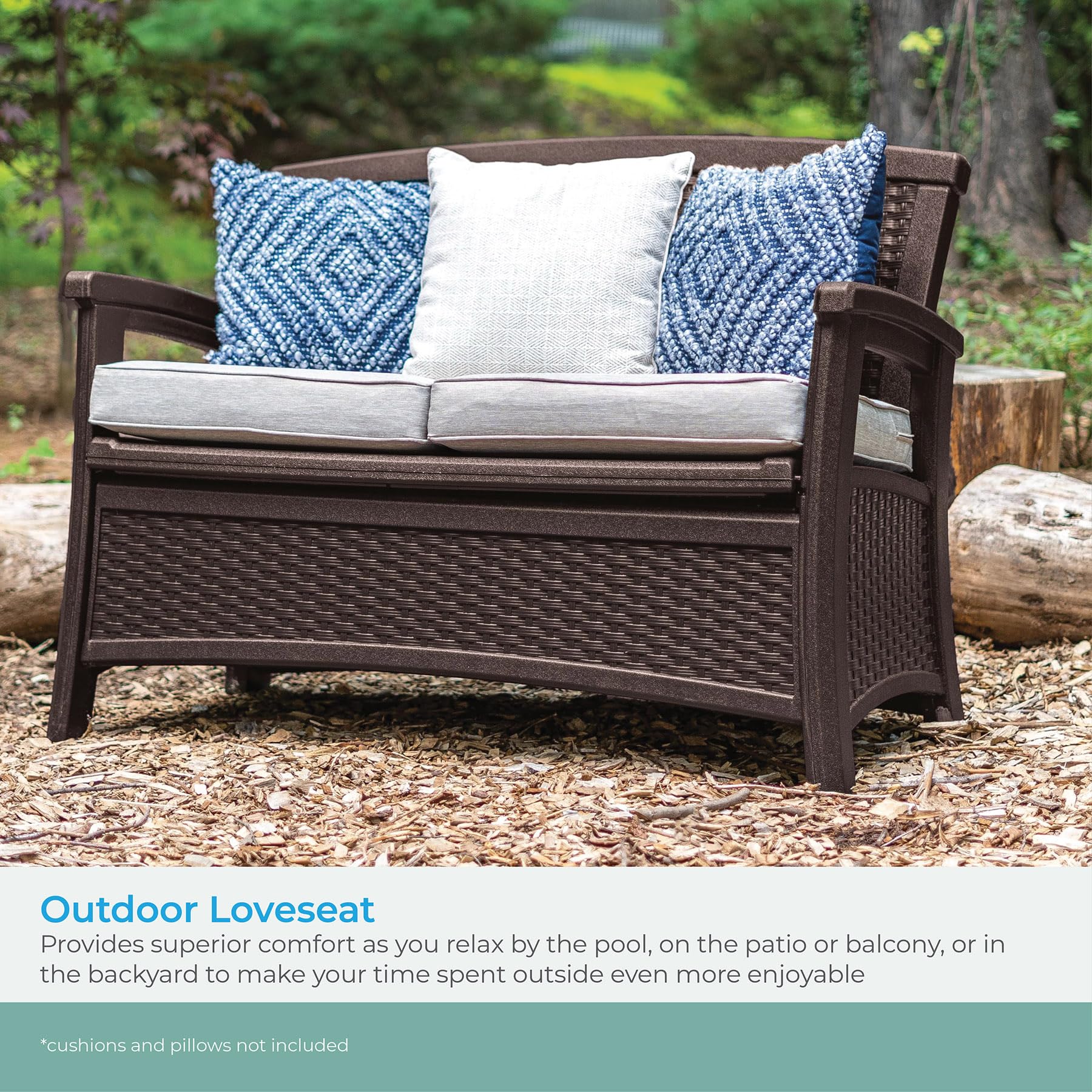 Suncast Outdoor Wicker Love Seat with 23-Gallon Storage, Comfortable Seating for Two, Ergonomic Back Support, All-Weather Furniture for Patio, Deck, and Garden, Java, Made in the USA - Image 4