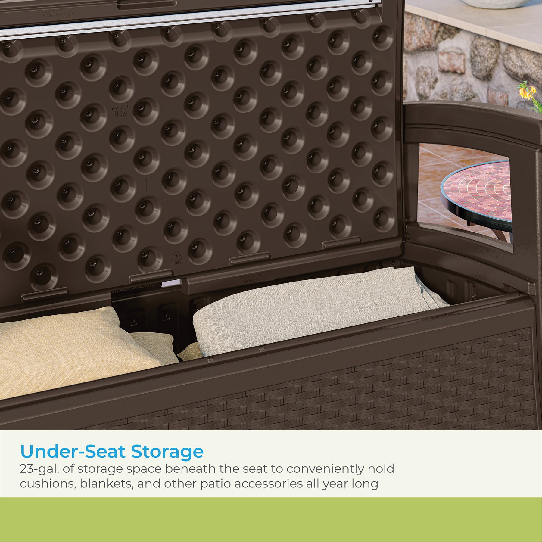 Suncast Outdoor Wicker Love Seat with 23-Gallon Storage, Comfortable Seating for Two, Ergonomic Back Support, All-Weather Furniture for Patio, Deck, and Garden, Java, Made in the USA - Image 5
