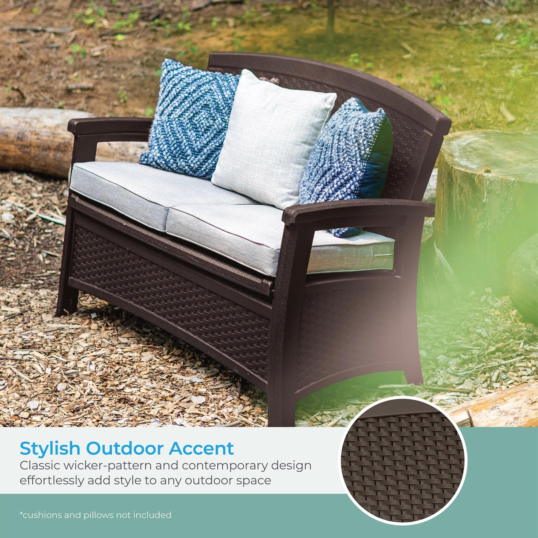 Suncast Outdoor Wicker Love Seat with 23-Gallon Storage, Comfortable Seating for Two, Ergonomic Back Support, All-Weather Furniture for Patio, Deck, and Garden, Java, Made in the USA - Image 7